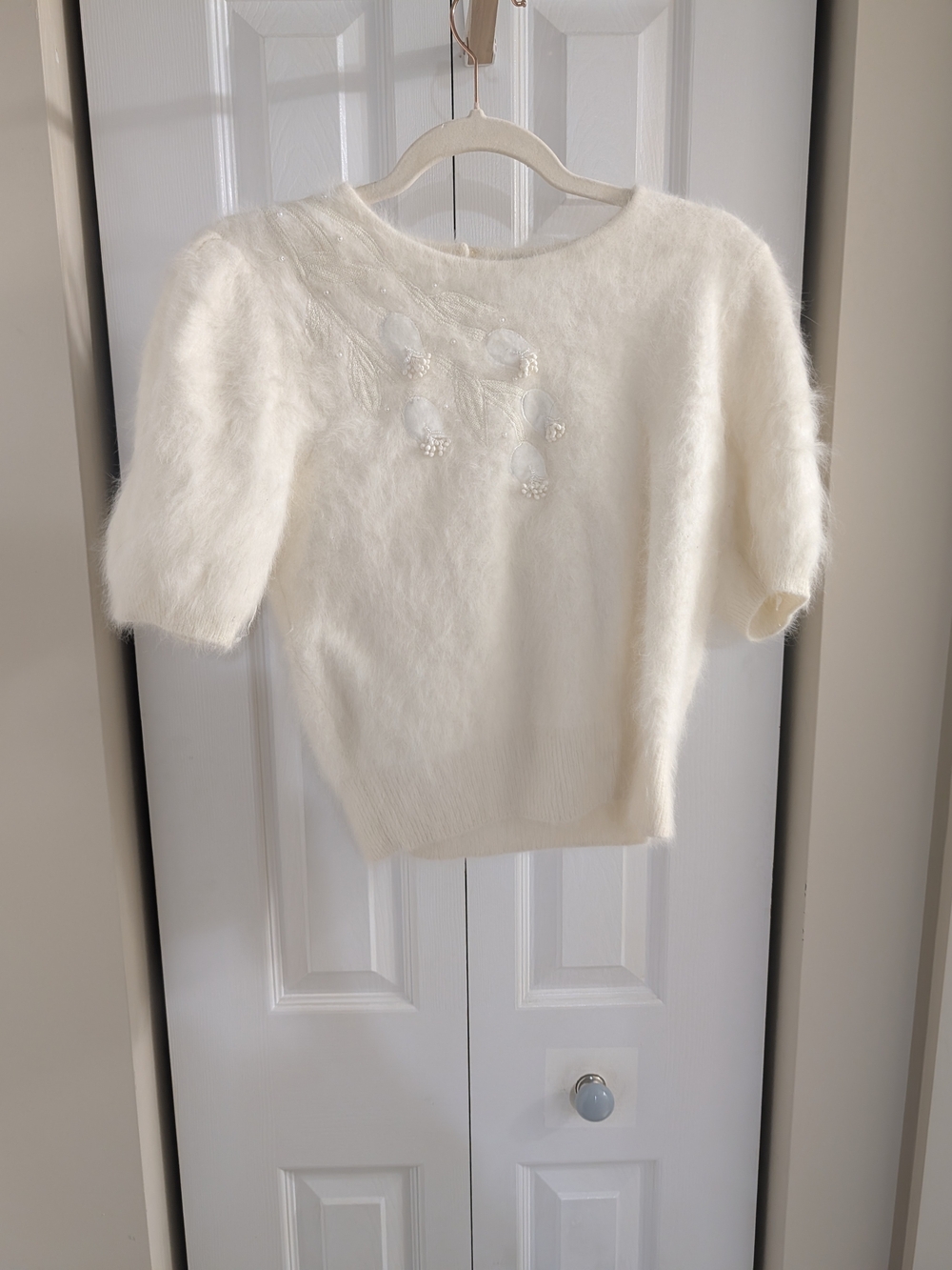 Vintage Cream Angora-Blend Short Sleeve Crew Sweater with Beaded Floral Detail
